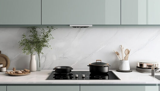 Clean black space white marble kitchen counter sage. Generative AI