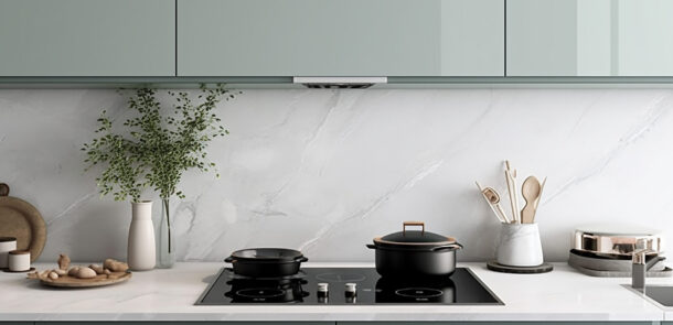 Clean black space white marble kitchen counter sage. Generative AI