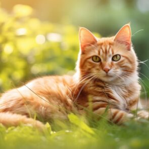 Brown cat lounging in garden with close up and selective focus