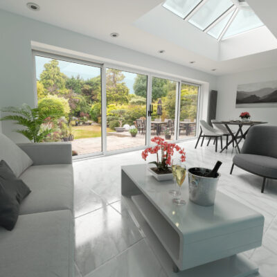 Beautiful garden and patio in summer seen from stylish designer Beautiful garden and patio in summer seen from stylish designer