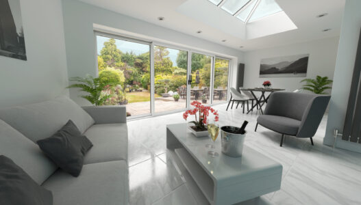 Beautiful garden and patio in summer seen from stylish designer Beautiful garden and patio in summer seen from stylish designer