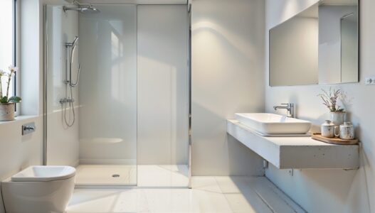 A large modern bathroom with glass shower screen, sink and a large window.